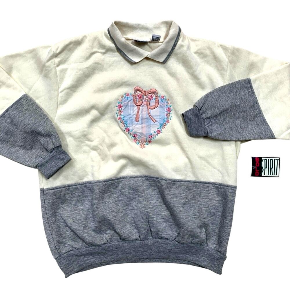 VTG Sears Granny Core Sweatshirt Pullover Embroidered Floral Heart Dead Stock M